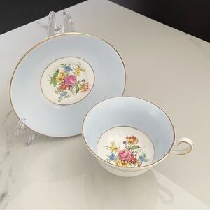 Powder Blue Floral Cup & Saucer - Rosina English Bone China